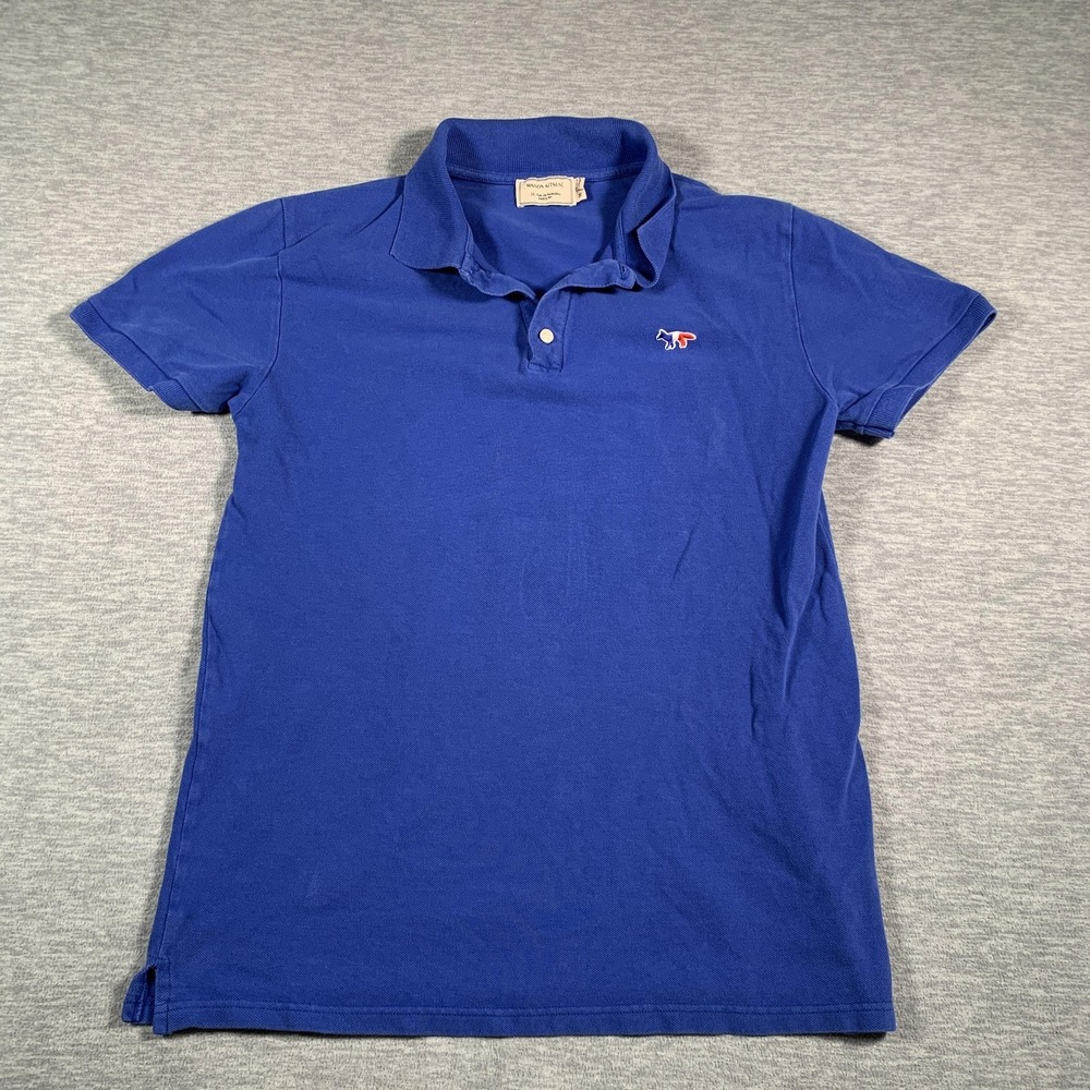 Maison‎ Kitsune Polo Shirt Womens Medium Blue Tricolor Fox Logo Cotton Pique